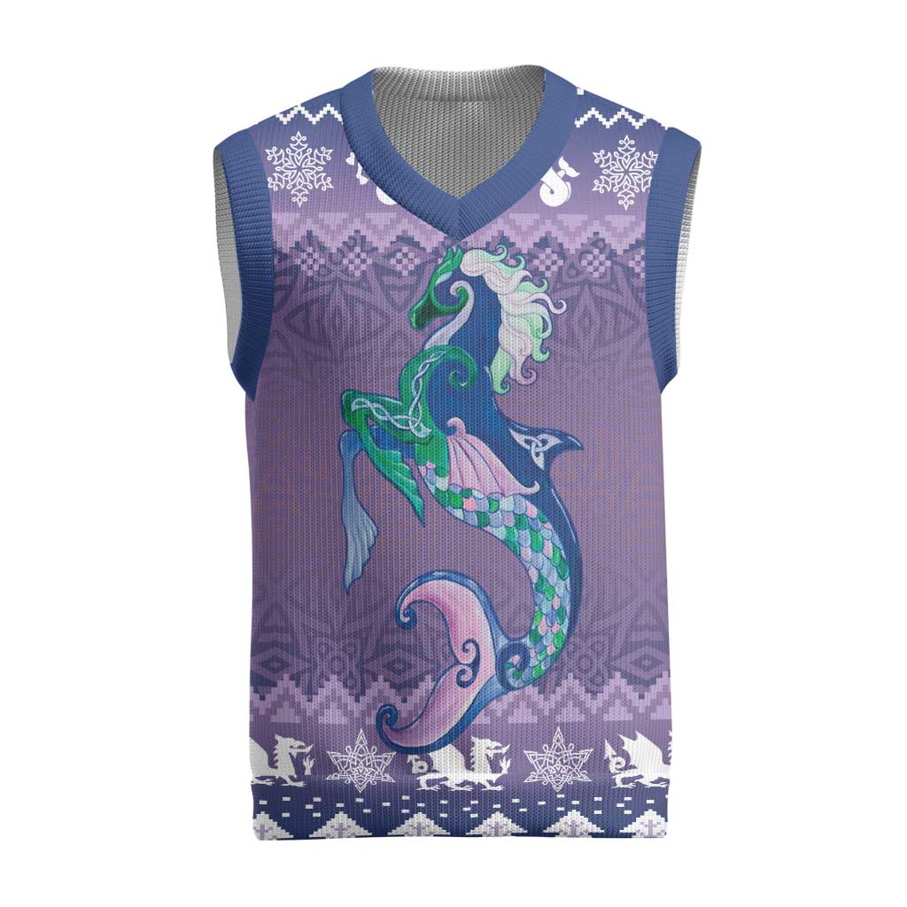Carmarthenshire Wales Christmas Knitted V-Neck Vest Heraldic Sea-Horse Celtic Design - Wonder Print Shop