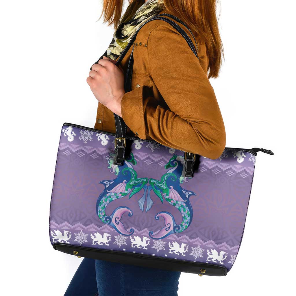 Carmarthenshire Wales Christmas Leather Tote Bag Heraldic Sea-Horse Celtic Design - Wonder Print Shop