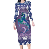Carmarthenshire Wales Christmas Long Sleeve Bodycon Dress Heraldic Sea-Horse Celtic Design - Wonder Print Shop