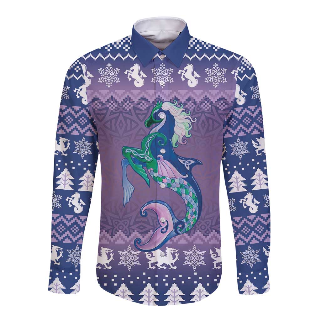 Carmarthenshire Wales Christmas Long Sleeve Button Shirt Heraldic Sea-Horse Celtic Design - Wonder Print Shop