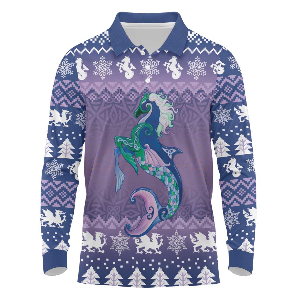 Carmarthenshire Wales Christmas Long Sleeve Polo Shirt Heraldic Sea-Horse Celtic Design - Wonder Print Shop