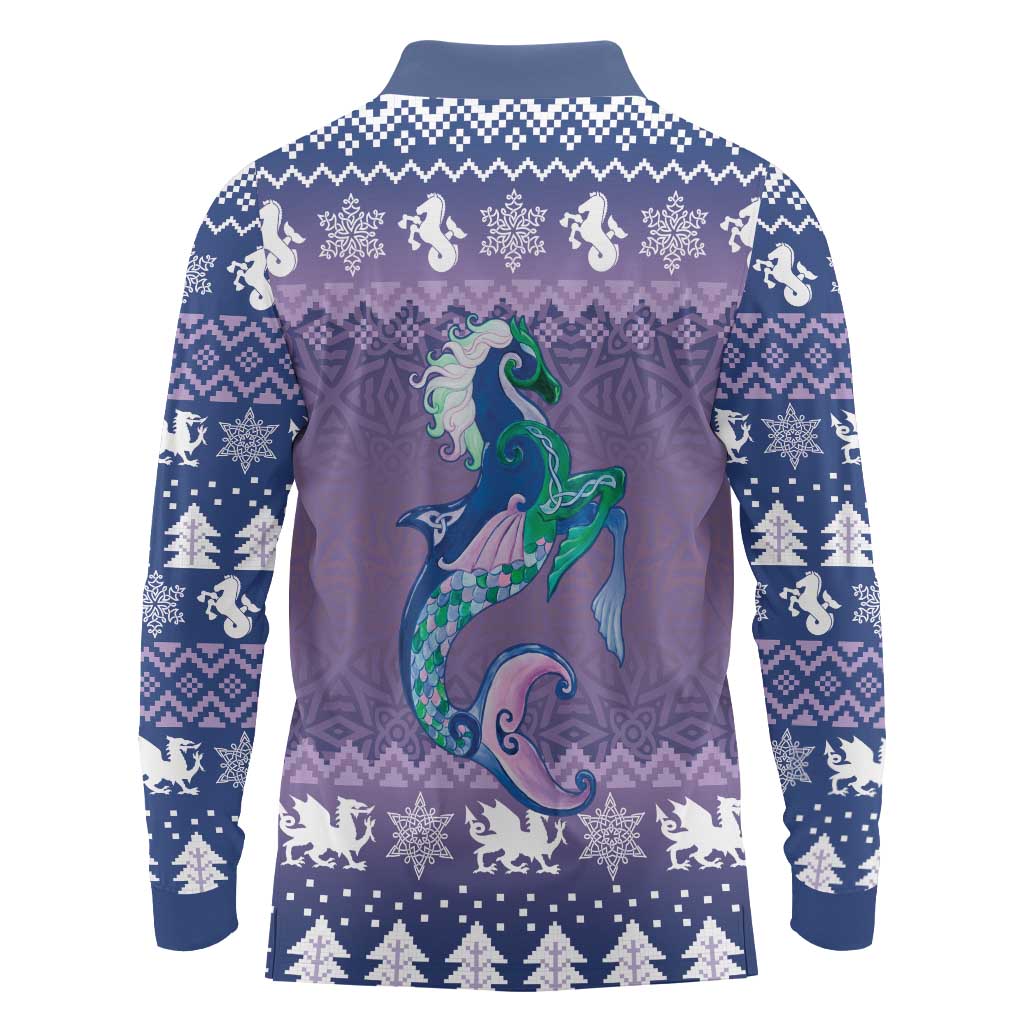 Carmarthenshire Wales Christmas Long Sleeve Polo Shirt Heraldic Sea-Horse Celtic Design - Wonder Print Shop