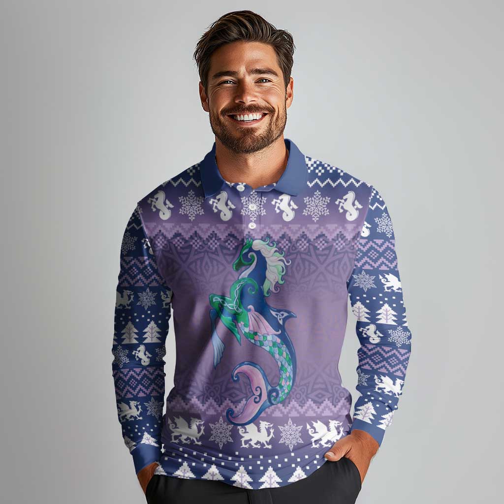 Carmarthenshire Wales Christmas Long Sleeve Polo Shirt Heraldic Sea-Horse Celtic Design - Wonder Print Shop