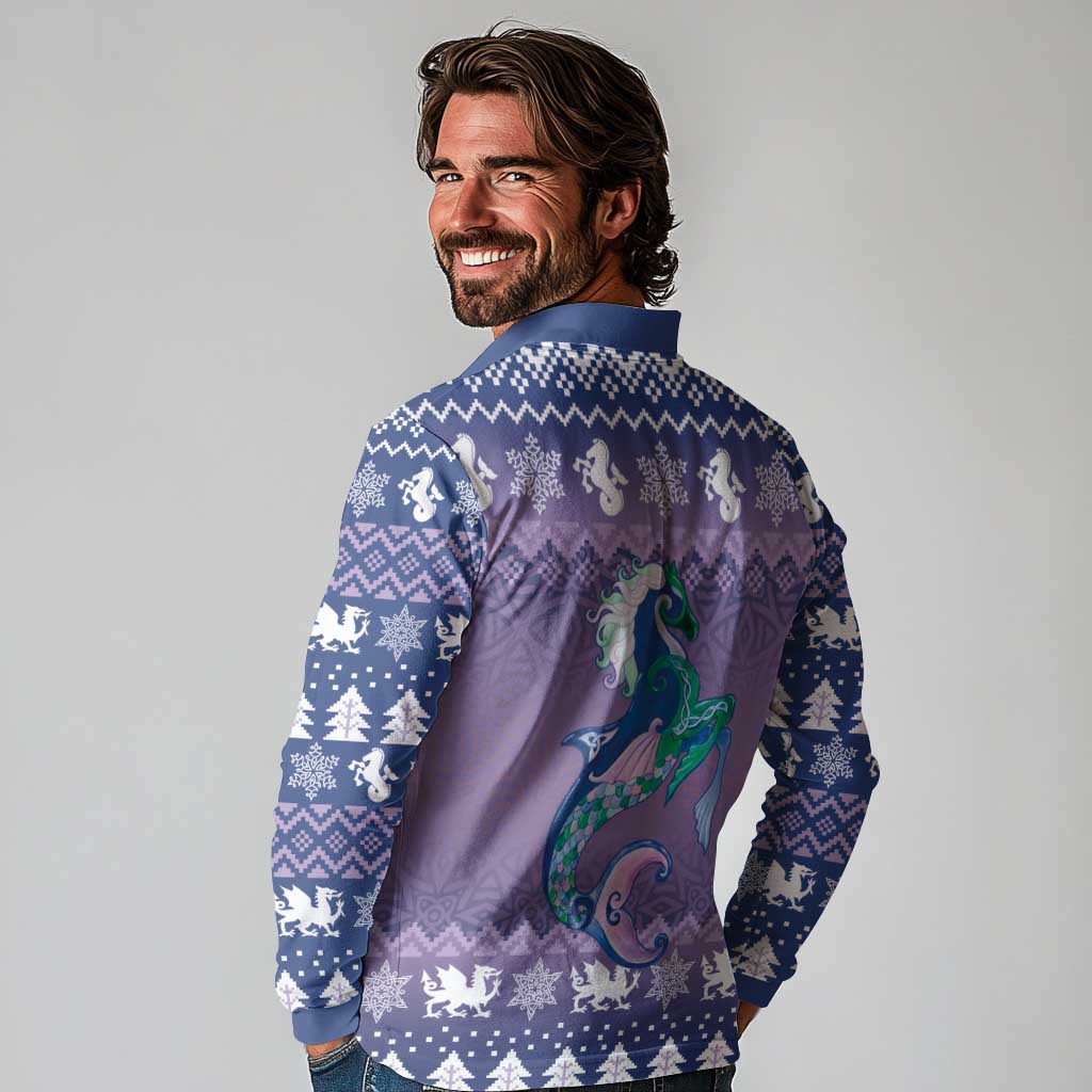 Carmarthenshire Wales Christmas Long Sleeve Polo Shirt Heraldic Sea-Horse Celtic Design - Wonder Print Shop