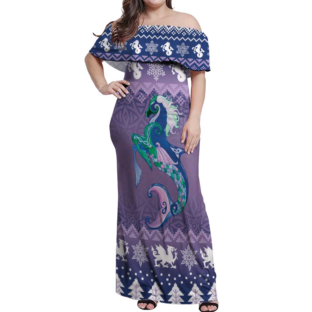Carmarthenshire Wales Christmas Off Shoulder Maxi Dress Heraldic Sea-Horse Celtic Design - Wonder Print Shop