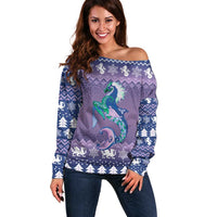 Carmarthenshire Wales Christmas Off Shoulder Sweater Heraldic Sea-Horse Celtic Design - Wonder Print Shop