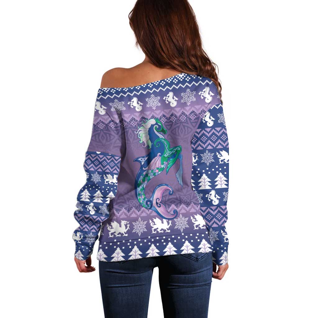 Carmarthenshire Wales Christmas Off Shoulder Sweater Heraldic Sea-Horse Celtic Design - Wonder Print Shop