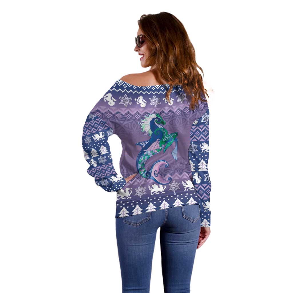 Carmarthenshire Wales Christmas Off Shoulder Sweater Heraldic Sea-Horse Celtic Design - Wonder Print Shop