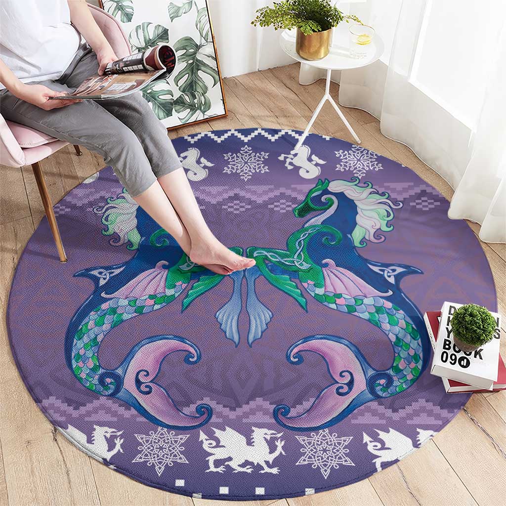 Carmarthenshire Wales Christmas Round Carpet Heraldic Sea-Horse Celtic Design - Wonder Print Shop