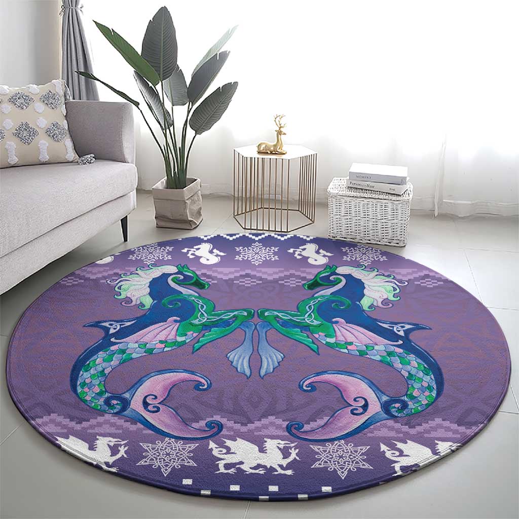 Carmarthenshire Wales Christmas Round Carpet Heraldic Sea-Horse Celtic Design - Wonder Print Shop