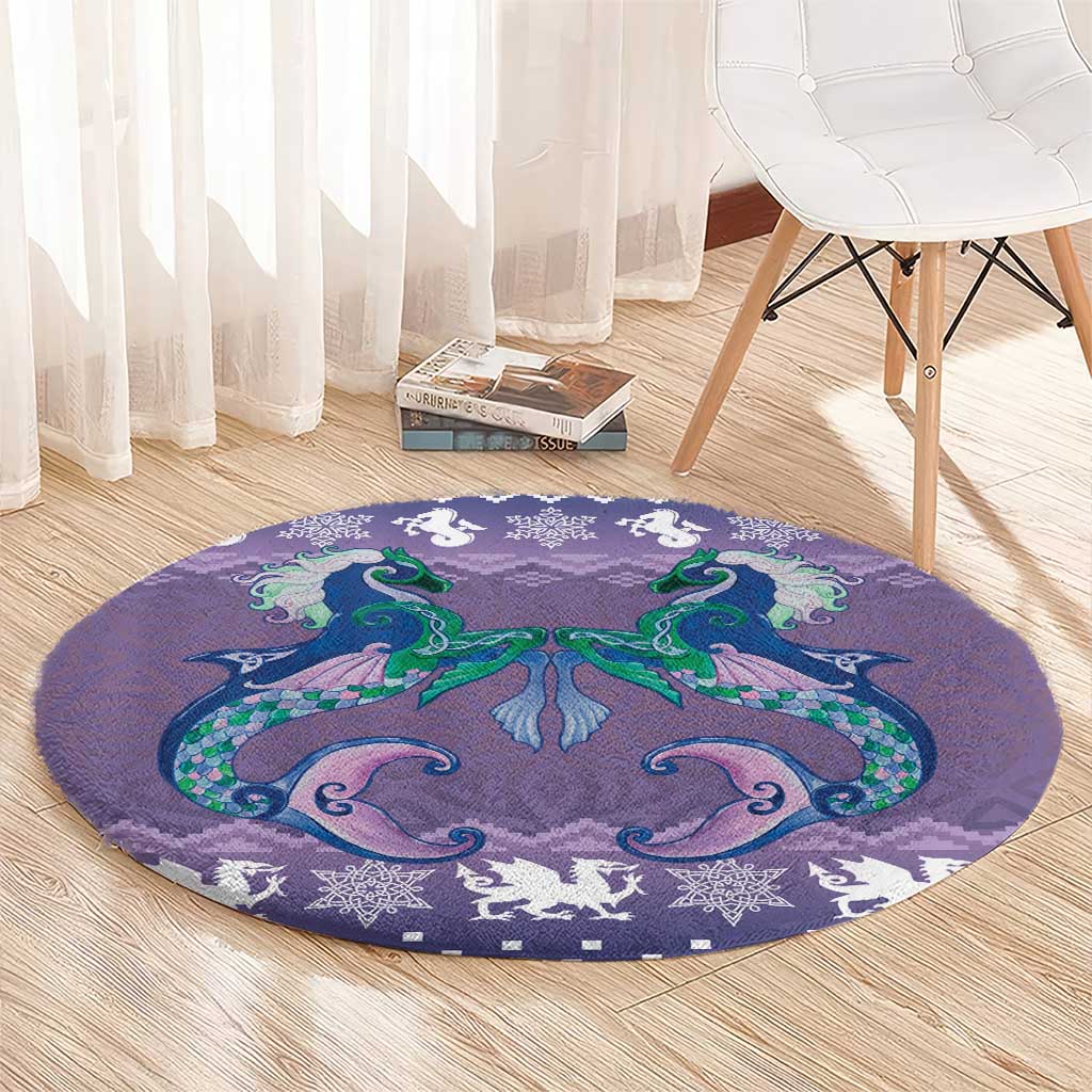 Carmarthenshire Wales Christmas Round Carpet Heraldic Sea-Horse Celtic Design - Wonder Print Shop