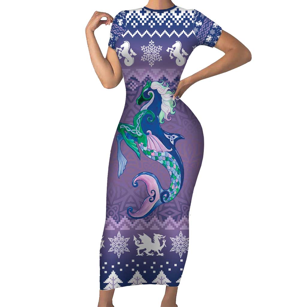 Carmarthenshire Wales Christmas Short Sleeve Bodycon Dress Heraldic Sea-Horse Celtic Design - Wonder Print Shop