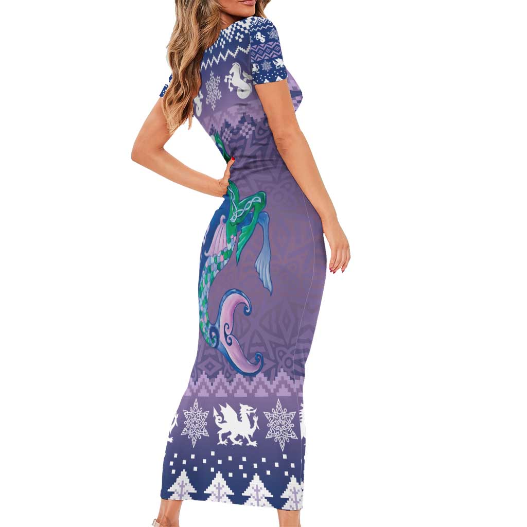 Carmarthenshire Wales Christmas Short Sleeve Bodycon Dress Heraldic Sea-Horse Celtic Design - Wonder Print Shop