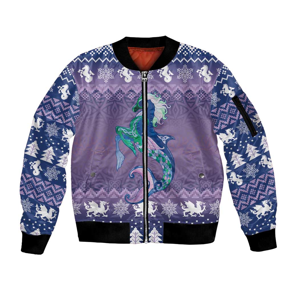 Carmarthenshire Wales Christmas Sleeve Zip Bomber Jacket Heraldic Sea-Horse Celtic Design - Wonder Print Shop