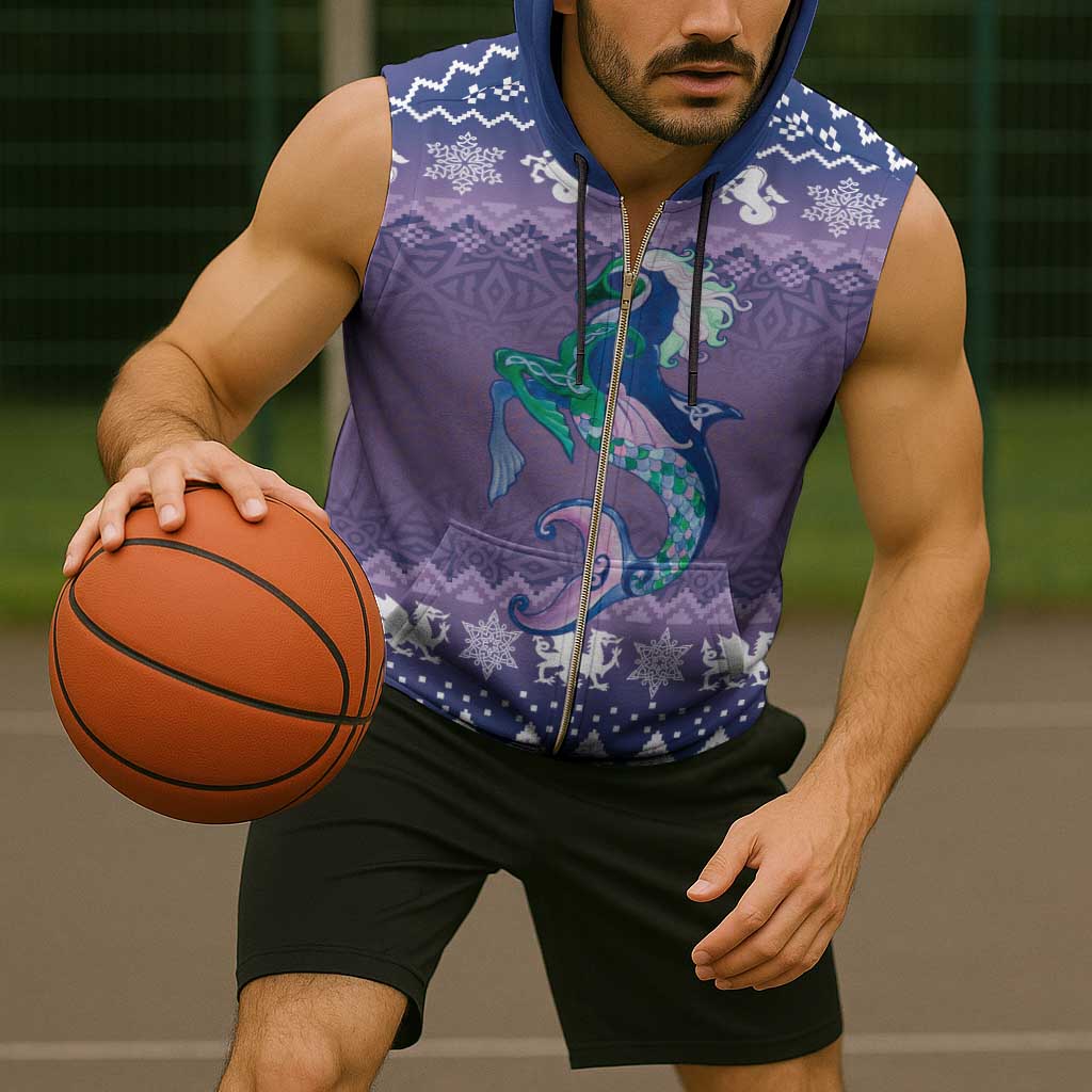 Carmarthenshire Wales Christmas Sleeveless Zip Hoodie Heraldic Sea-Horse Celtic Design - Wonder Print Shop