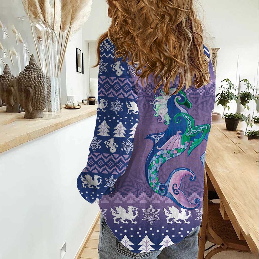 Carmarthenshire Wales Christmas Women Casual Shirt Heraldic Sea-Horse Celtic Design - Wonder Print Shop
