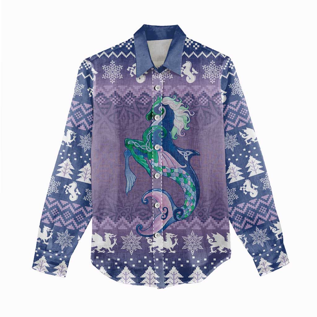Carmarthenshire Wales Christmas Women Casual Shirt Heraldic Sea-Horse Celtic Design - Wonder Print Shop