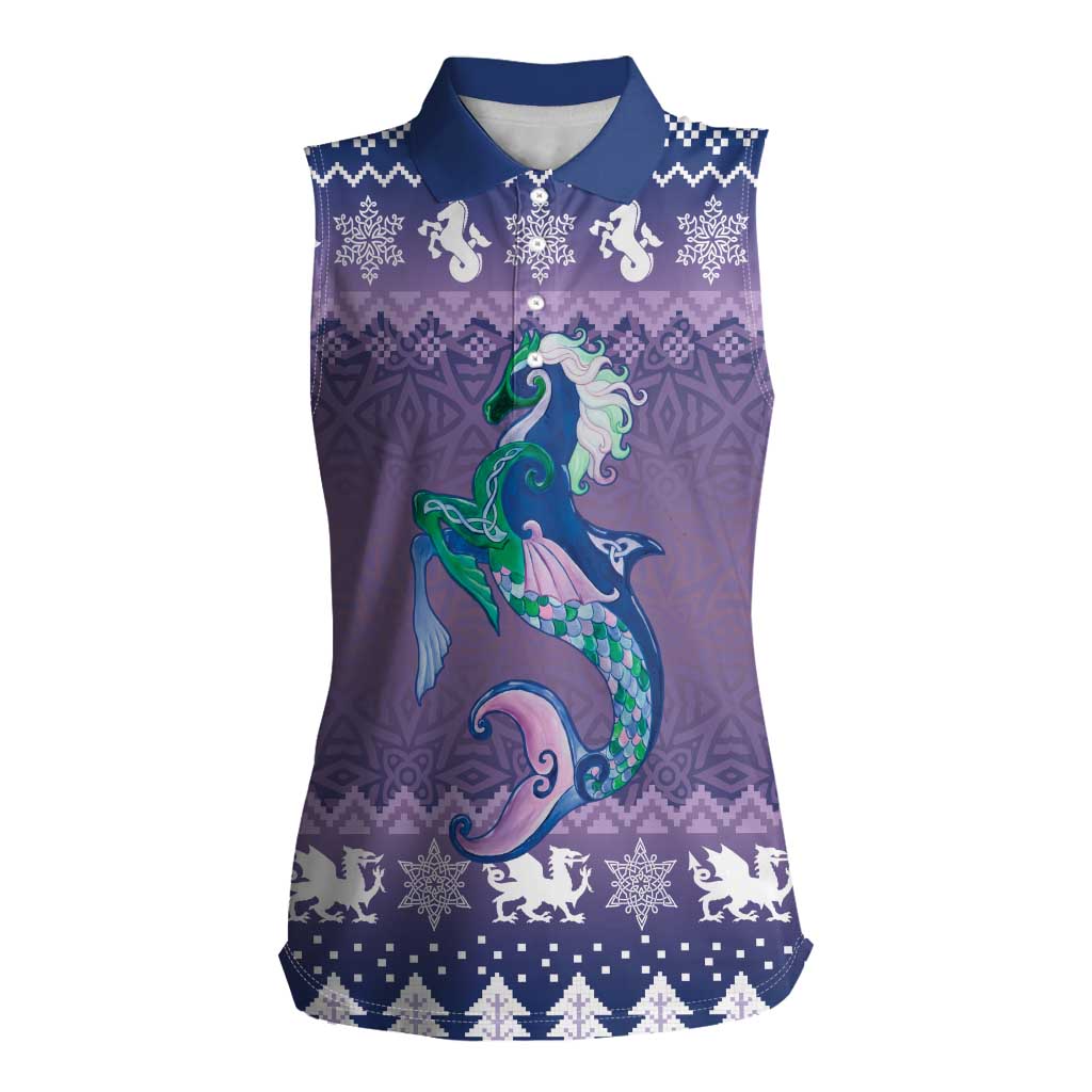 Carmarthenshire Wales Christmas Women Sleeveless Polo Shirt Heraldic Sea-Horse Celtic Design - Wonder Print Shop
