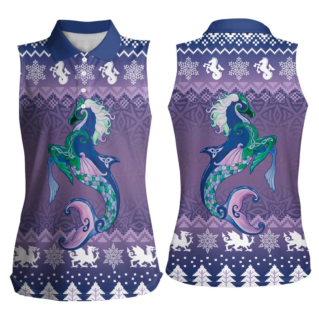 Carmarthenshire Wales Christmas Women Sleeveless Polo Shirt Heraldic Sea-Horse Celtic Design - Wonder Print Shop
