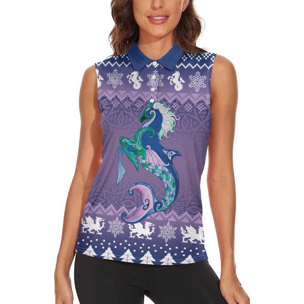 Carmarthenshire Wales Christmas Women Sleeveless Polo Shirt Heraldic Sea-Horse Celtic Design - Wonder Print Shop
