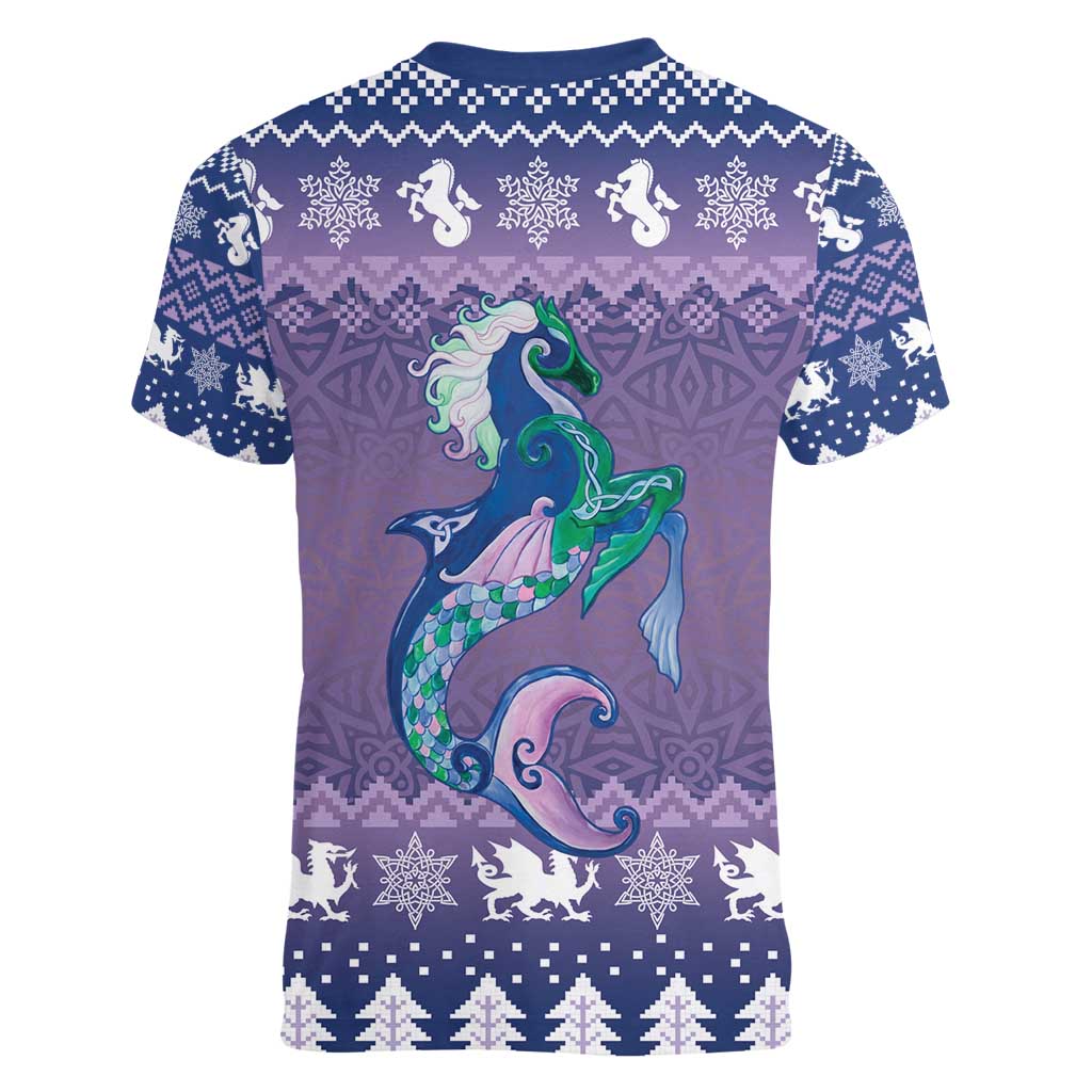 Carmarthenshire Wales Christmas Women V-Neck T-Shirt Heraldic Sea-Horse Celtic Design - Wonder Print Shop