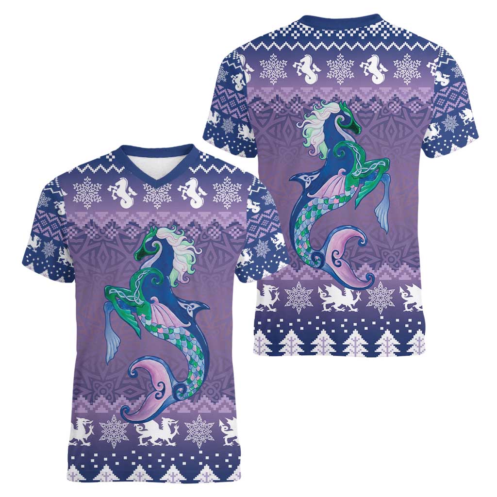 Carmarthenshire Wales Christmas Women V-Neck T-Shirt Heraldic Sea-Horse Celtic Design - Wonder Print Shop