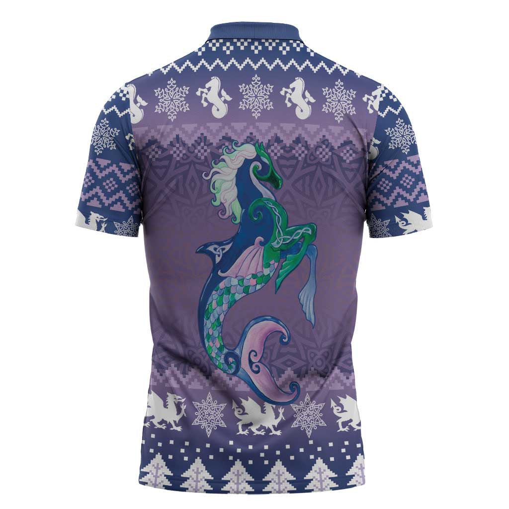 Carmarthenshire Wales Christmas Zipper Polo Shirt Heraldic Sea-Horse Celtic Design - Wonder Print Shop