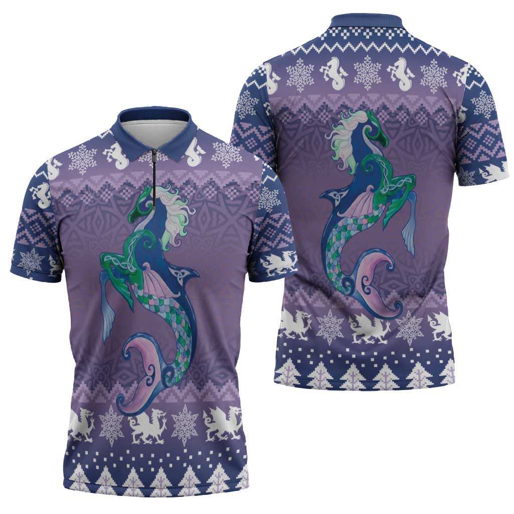 Carmarthenshire Wales Christmas Zipper Polo Shirt Heraldic Sea-Horse Celtic Design - Wonder Print Shop