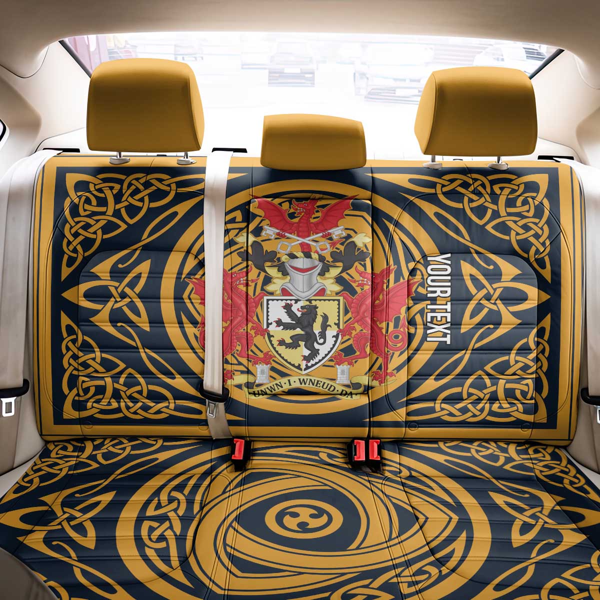Personalized Denbighshire Wales Back Car Seat Cover Coat Of Arms Celtic Style - Wonder Print Shop