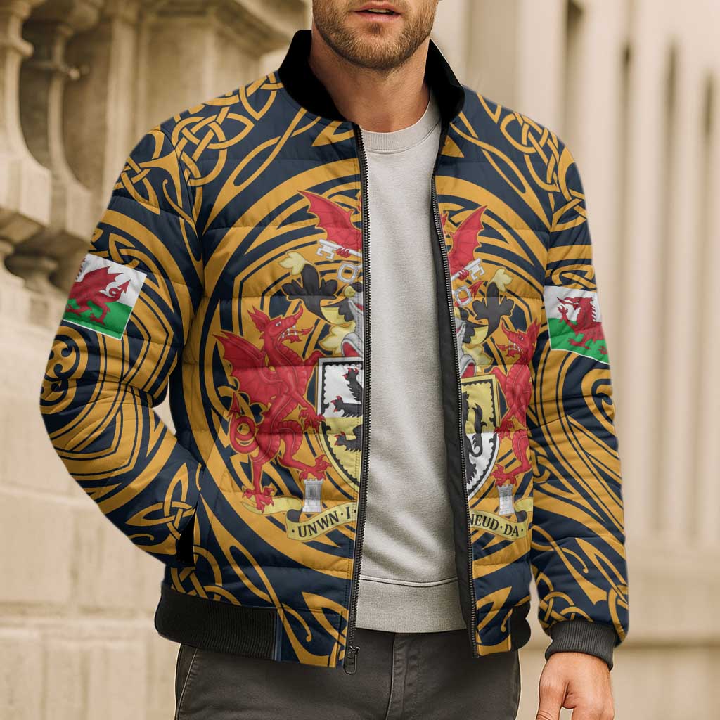 Personalized Denbighshire Wales Bomber Puffer Jacket Coat Of Arms Celtic Style - Wonder Print Shop
