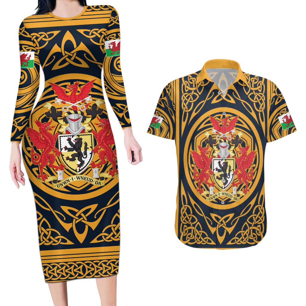 Personalized Denbighshire Wales Couples Matching Long Sleeve Bodycon Dress and Hawaiian Shirt Coat Of Arms Celtic Style - Wonder Print Shop