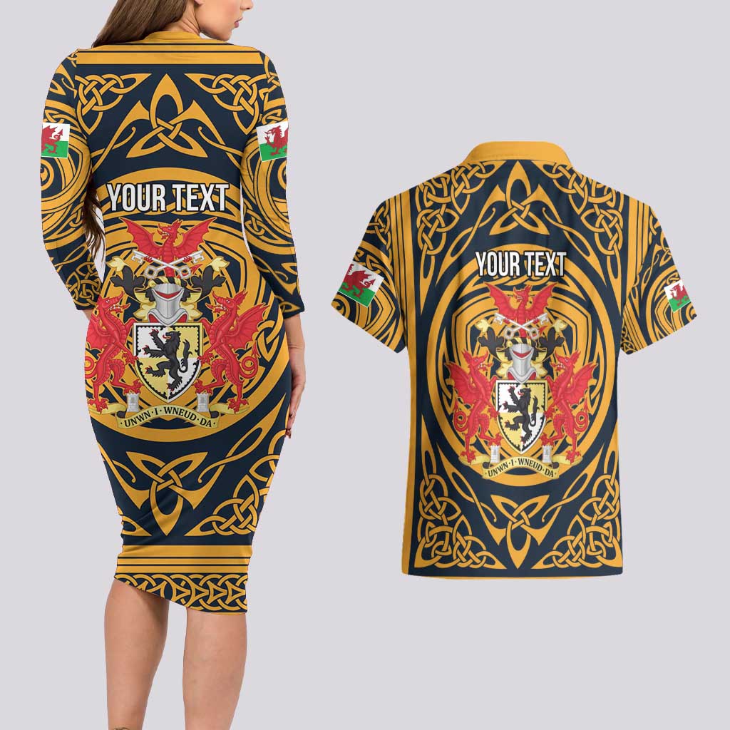 Personalized Denbighshire Wales Couples Matching Long Sleeve Bodycon Dress and Hawaiian Shirt Coat Of Arms Celtic Style - Wonder Print Shop