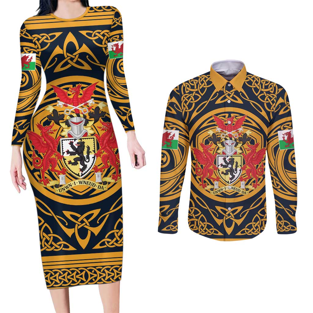 Personalized Denbighshire Wales Couples Matching Long Sleeve Bodycon Dress and Long Sleeve Button Shirt Coat Of Arms Celtic Style - Wonder Print Shop