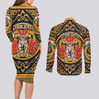 Personalized Denbighshire Wales Couples Matching Long Sleeve Bodycon Dress and Long Sleeve Button Shirt Coat Of Arms Celtic Style - Wonder Print Shop