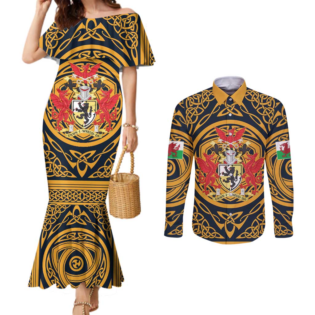 Personalized Denbighshire Wales Couples Matching Mermaid Dress and Long Sleeve Button Shirt Coat Of Arms Celtic Style - Wonder Print Shop