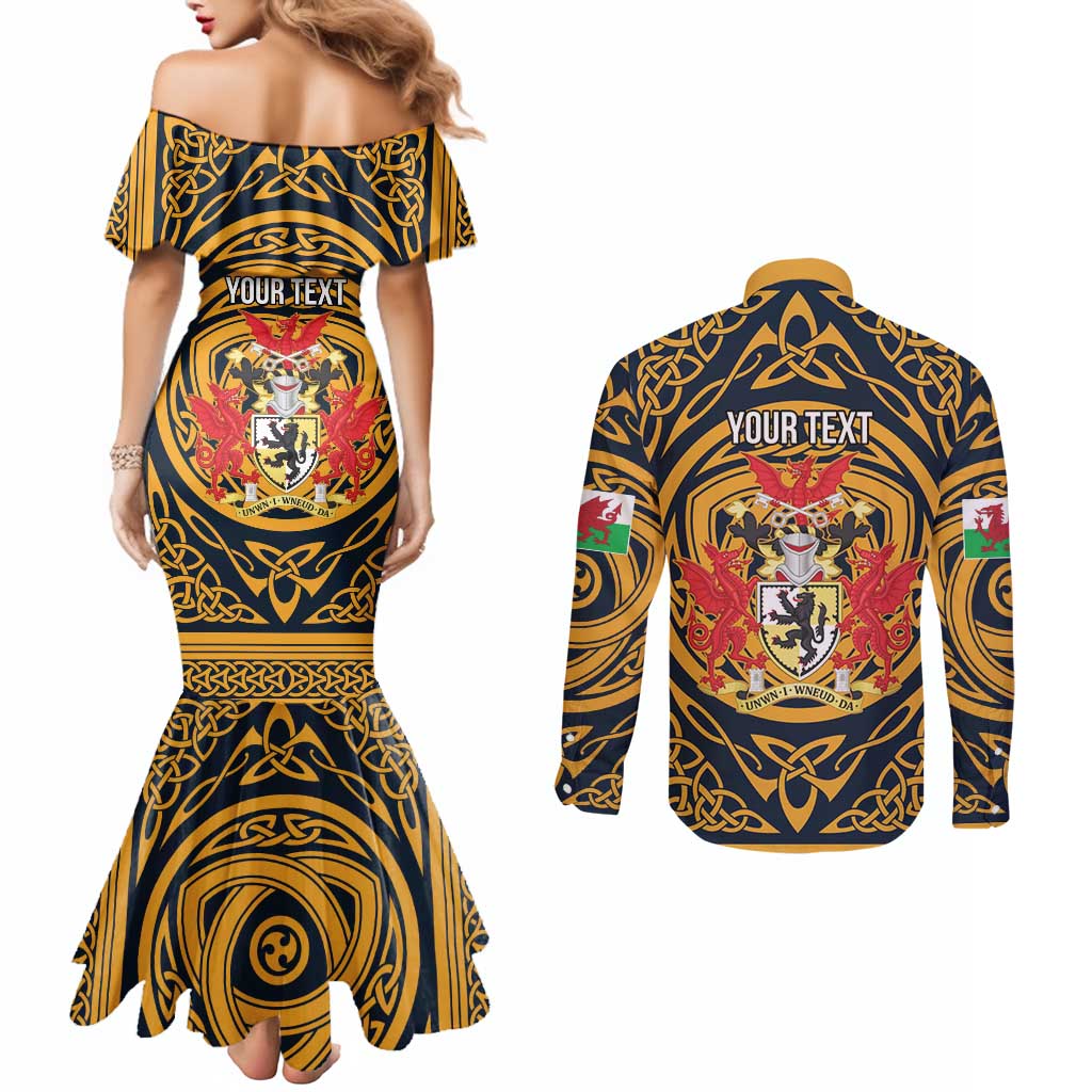 Personalized Denbighshire Wales Couples Matching Mermaid Dress and Long Sleeve Button Shirt Coat Of Arms Celtic Style - Wonder Print Shop