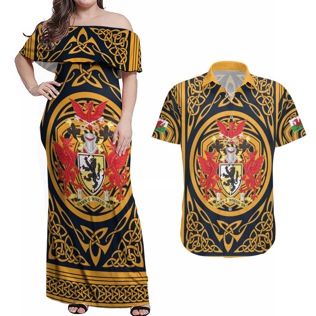 Personalized Denbighshire Wales Couples Matching Off Shoulder Maxi Dress and Hawaiian Shirt Coat Of Arms Celtic Style - Wonder Print Shop