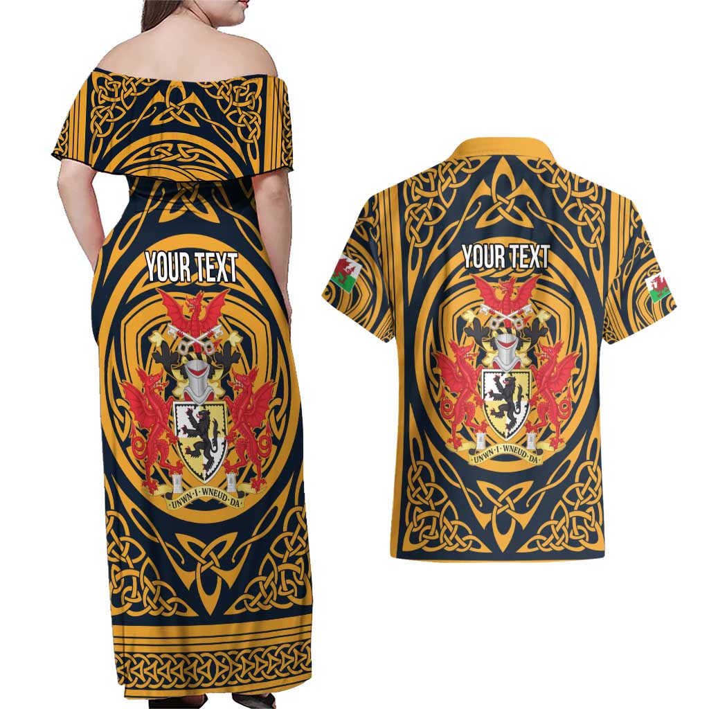 Personalized Denbighshire Wales Couples Matching Off Shoulder Maxi Dress and Hawaiian Shirt Coat Of Arms Celtic Style - Wonder Print Shop