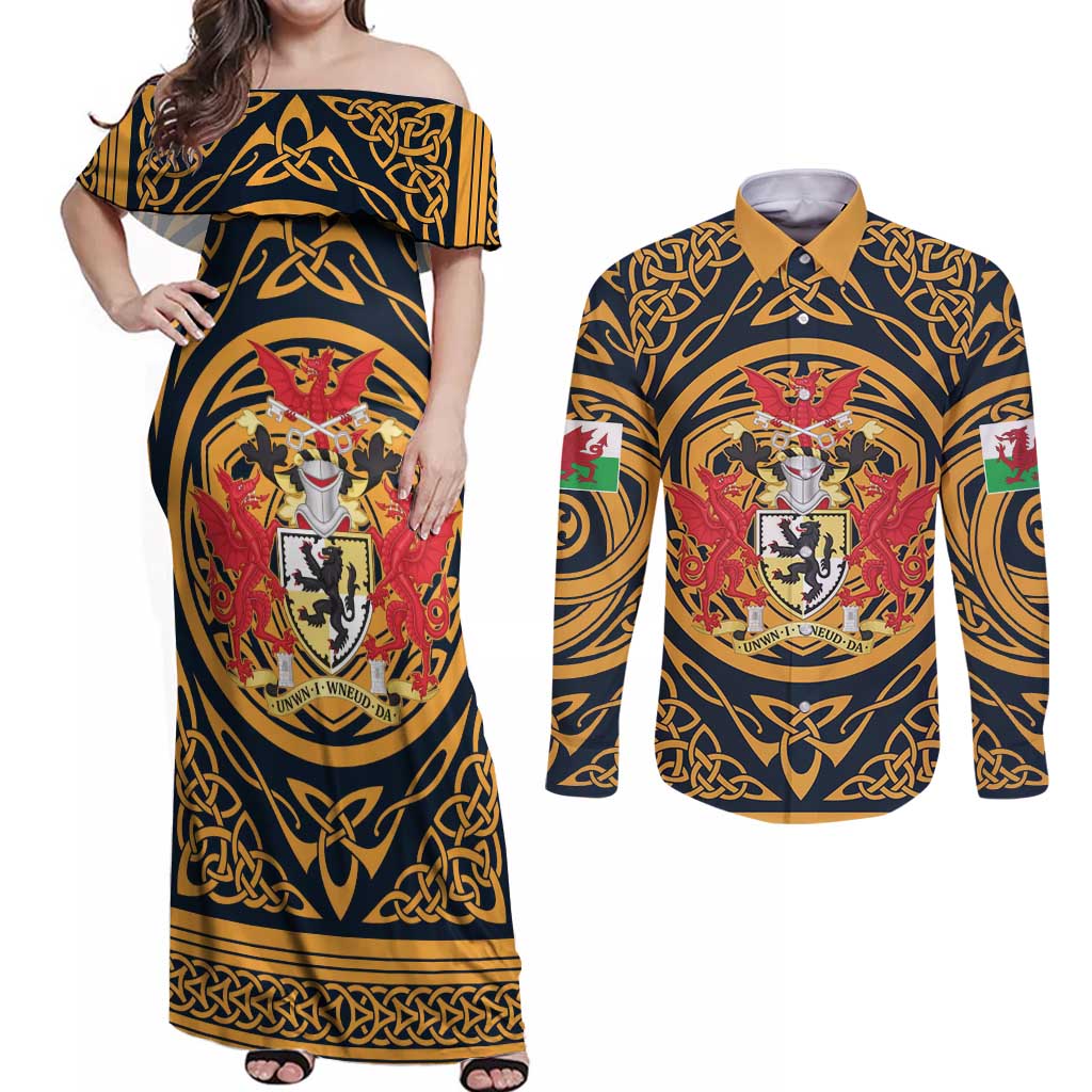 Personalized Denbighshire Wales Couples Matching Off Shoulder Maxi Dress and Long Sleeve Button Shirt Coat Of Arms Celtic Style - Wonder Print Shop
