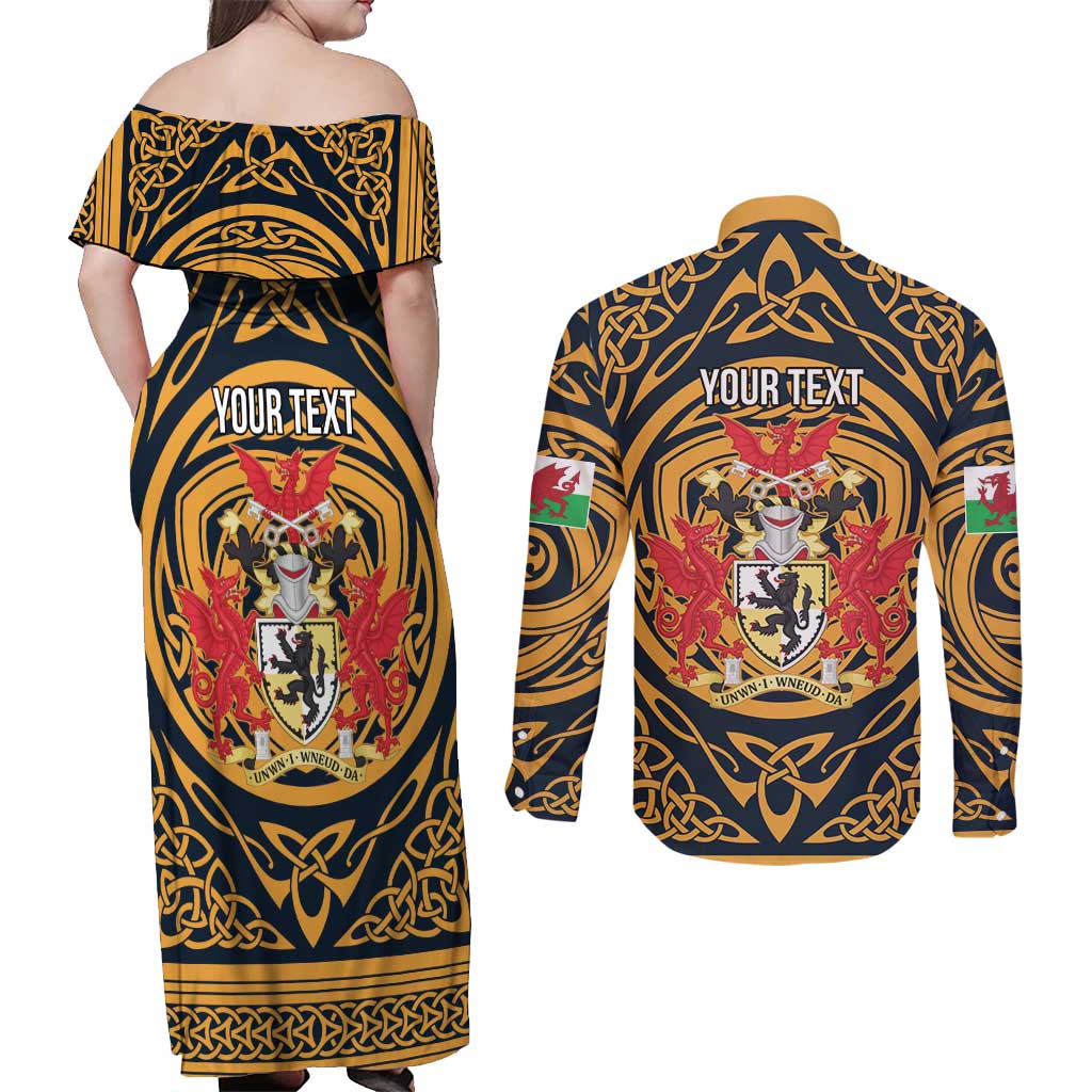 Personalized Denbighshire Wales Couples Matching Off Shoulder Maxi Dress and Long Sleeve Button Shirt Coat Of Arms Celtic Style - Wonder Print Shop