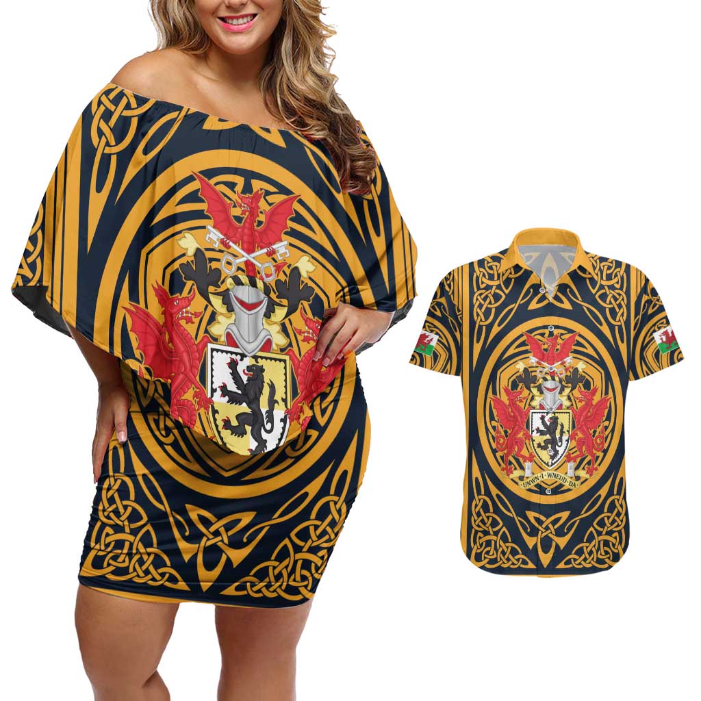 Personalized Denbighshire Wales Couples Matching Off Shoulder Short Dress and Hawaiian Shirt Coat Of Arms Celtic Style - Wonder Print Shop