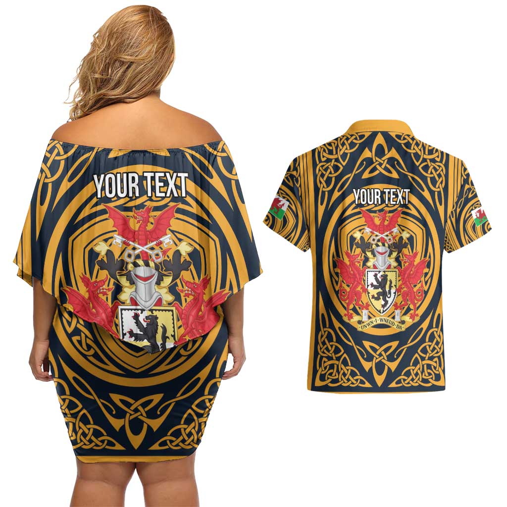 Personalized Denbighshire Wales Couples Matching Off Shoulder Short Dress and Hawaiian Shirt Coat Of Arms Celtic Style - Wonder Print Shop