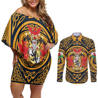 Personalized Denbighshire Wales Couples Matching Off Shoulder Short Dress and Long Sleeve Button Shirt Coat Of Arms Celtic Style - Wonder Print Shop