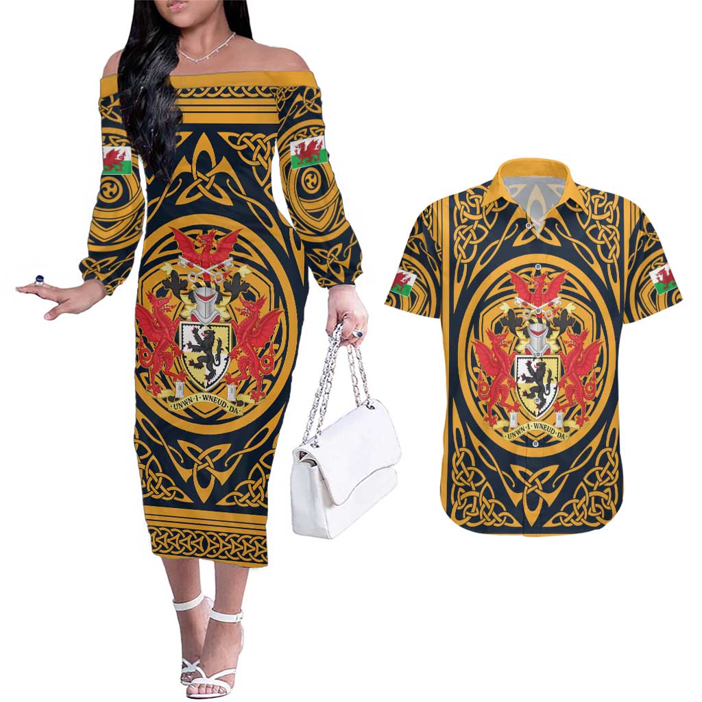 Personalized Denbighshire Wales Couples Matching Off The Shoulder Long Sleeve Dress and Hawaiian Shirt Coat Of Arms Celtic Style - Wonder Print Shop