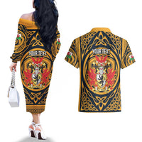 Personalized Denbighshire Wales Couples Matching Off The Shoulder Long Sleeve Dress and Hawaiian Shirt Coat Of Arms Celtic Style - Wonder Print Shop