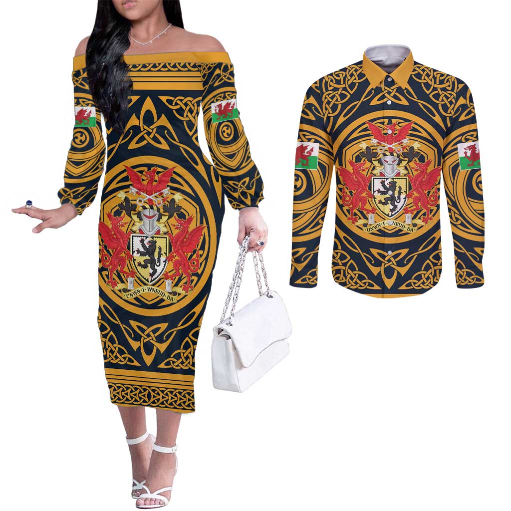 Personalized Denbighshire Wales Couples Matching Off The Shoulder Long Sleeve Dress and Long Sleeve Button Shirt Coat Of Arms Celtic Style - Wonder Print Shop