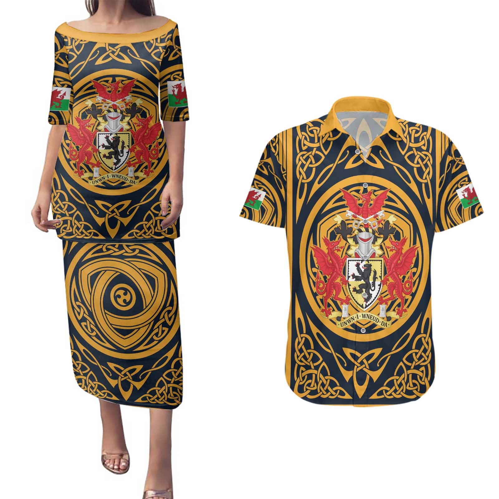 Personalized Denbighshire Wales Couples Matching Puletasi and Hawaiian Shirt Coat Of Arms Celtic Style - Wonder Print Shop