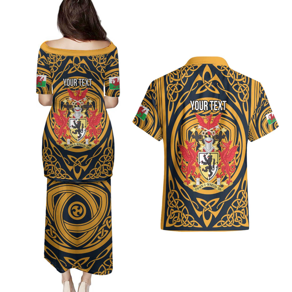Personalized Denbighshire Wales Couples Matching Puletasi and Hawaiian Shirt Coat Of Arms Celtic Style - Wonder Print Shop
