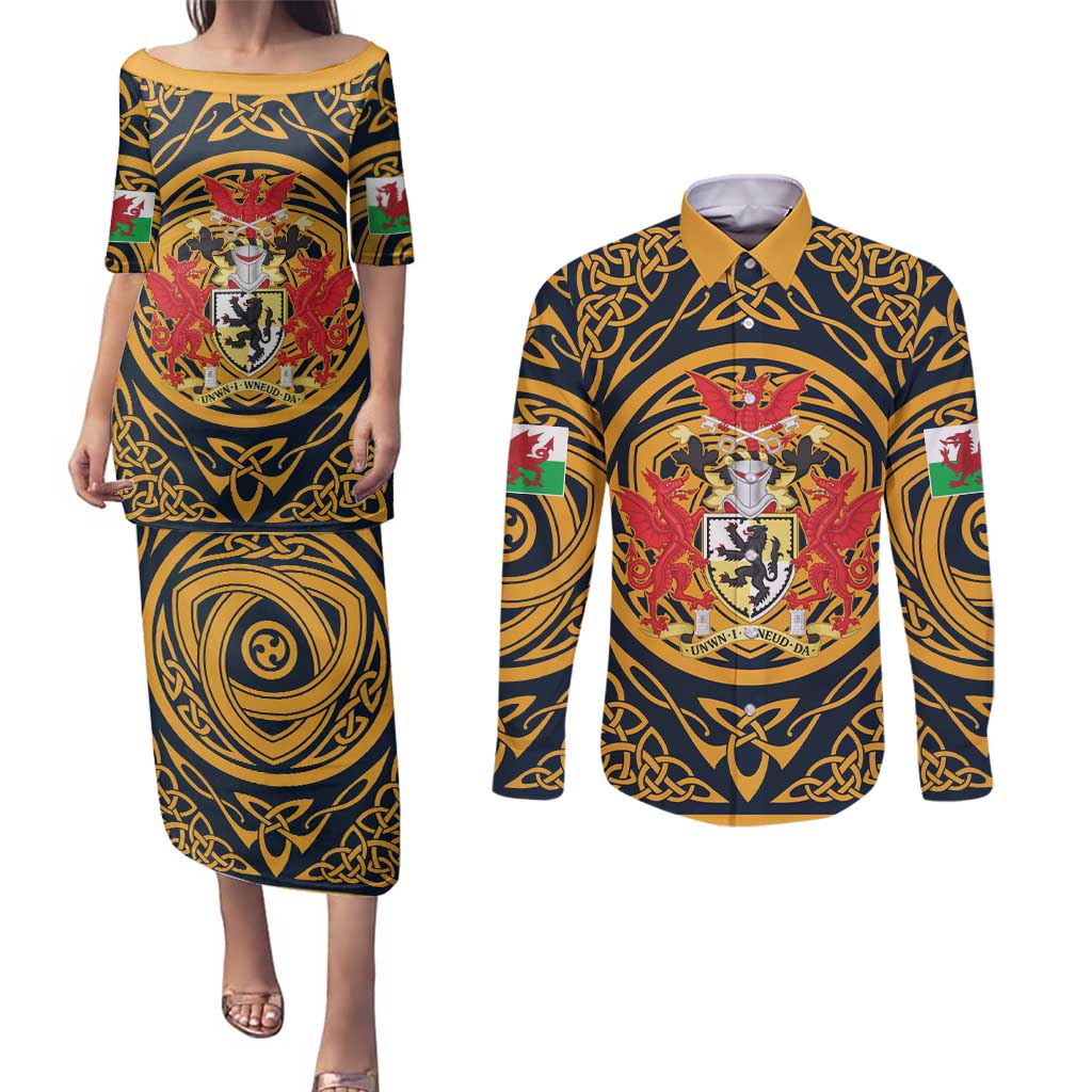 Personalized Denbighshire Wales Couples Matching Puletasi and Long Sleeve Button Shirt Coat Of Arms Celtic Style - Wonder Print Shop