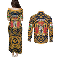 Personalized Denbighshire Wales Couples Matching Puletasi and Long Sleeve Button Shirt Coat Of Arms Celtic Style - Wonder Print Shop